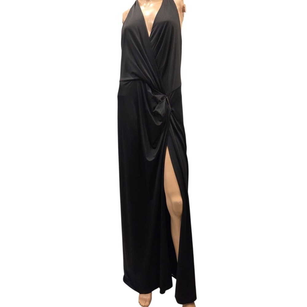 Victoria's Secret Black Halter Maxi Dress Open Back High Slit Draped Gown Size L
